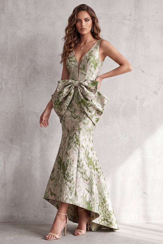 Dusty Sage Floral Mermaid Jacquard V-Neck High-Low Formal Dress with Bows
