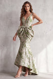 Dusty Sage Floral Mermaid Jacquard V-Neck High-Low Formal Dress with Bows