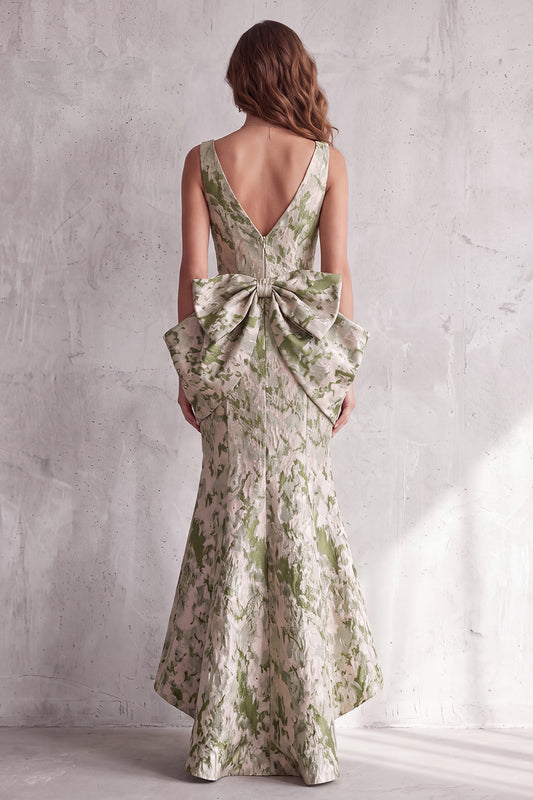 Dusty Sage Floral Mermaid Jacquard V-Neck High-Low Formal Dress with Bows