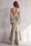 Dusty Sage Floral Mermaid Jacquard V-Neck High-Low Formal Dress with Bows