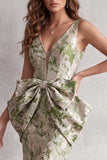 Dusty Sage Floral Mermaid Jacquard V-Neck High-Low Formal Dress with Bows