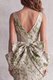 Dusty Sage Floral Mermaid Jacquard V-Neck High-Low Formal Dress with Bows