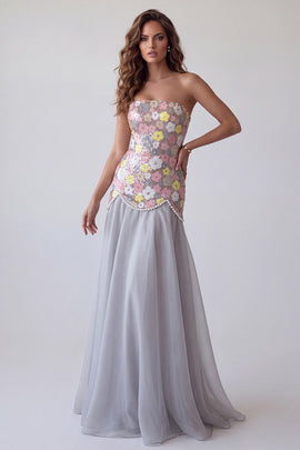 Sparkly Grey Floral Sequin A Line Strapless Long Formal Dress with Pearls