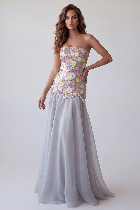 Sparkly Grey Floral Sequin A Line Strapless Long Formal Dress with Pearls
