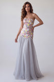 Sparkly Grey Floral Sequin A Line Strapless Long Formal Dress with Pearls