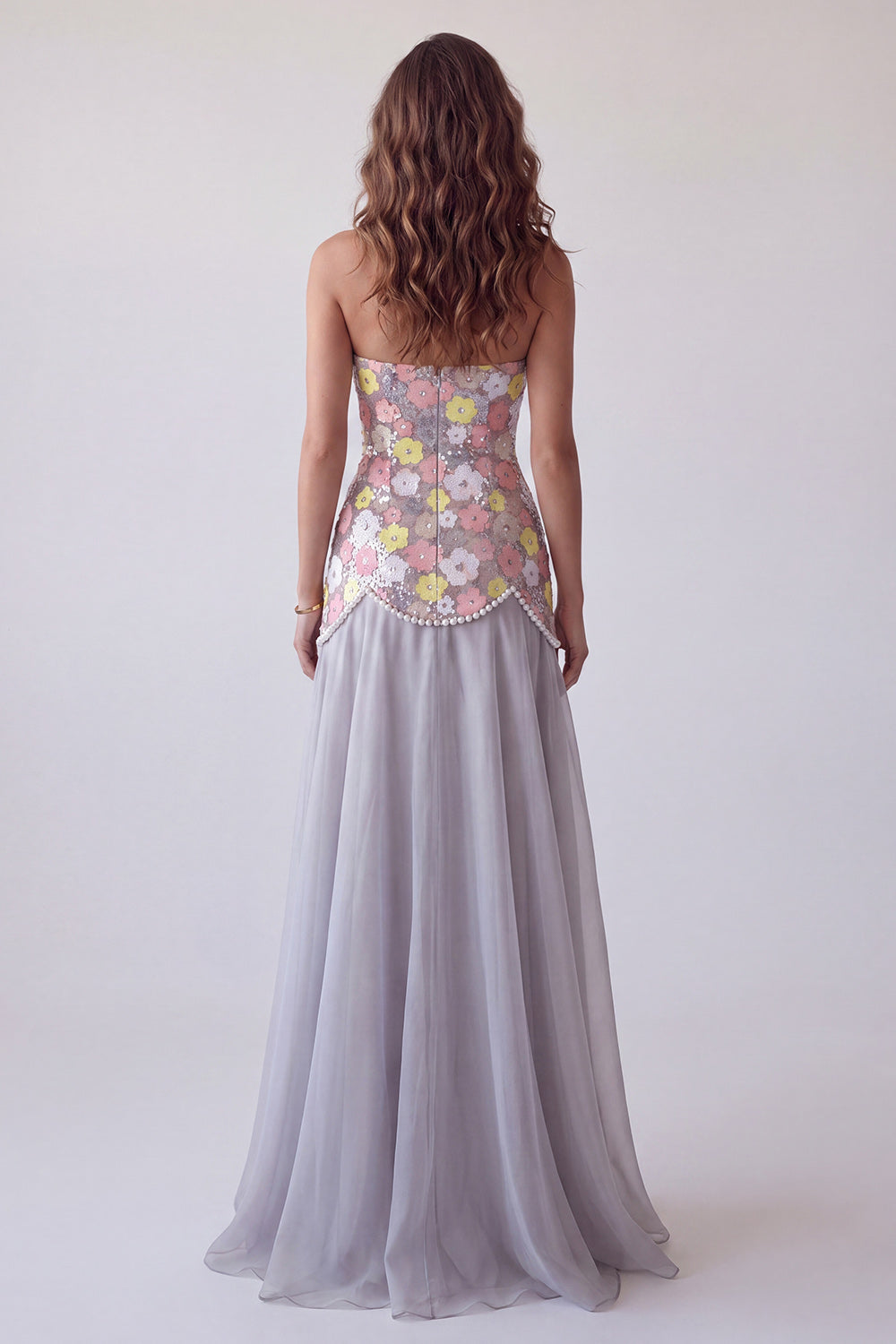 Sparkly Grey Floral Sequin A Line Strapless Long Formal Dress with Pearls
