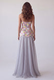 Sparkly Grey Floral Sequin A Line Strapless Long Formal Dress with Pearls