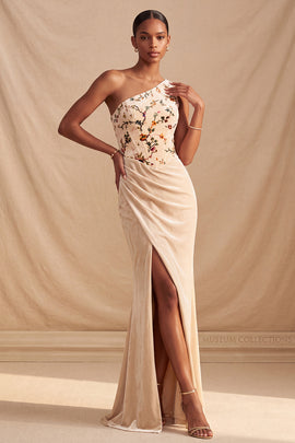 Champagne Corset Floral Mermaid Ruched Long Velvet Holiday Dress with Embroidery