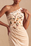 Champagne Corset Floral Mermaid Ruched Long Velvet Holiday Dress with Embroidery