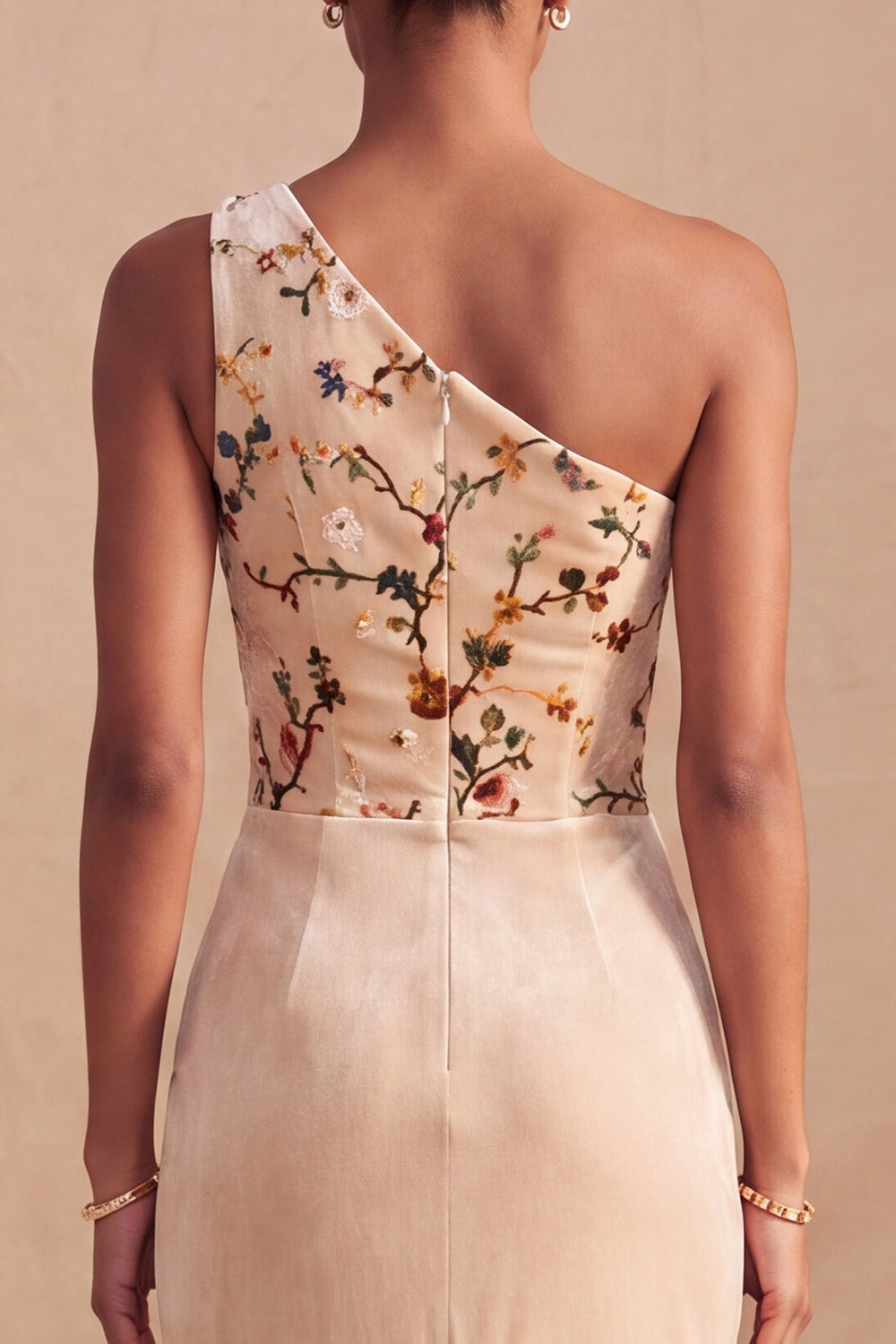 Champagne Corset Floral Mermaid Ruched Long Velvet Holiday Dress with Embroidery