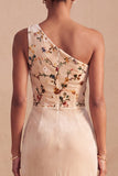 Champagne Corset Floral Mermaid Ruched Long Velvet Holiday Dress with Embroidery