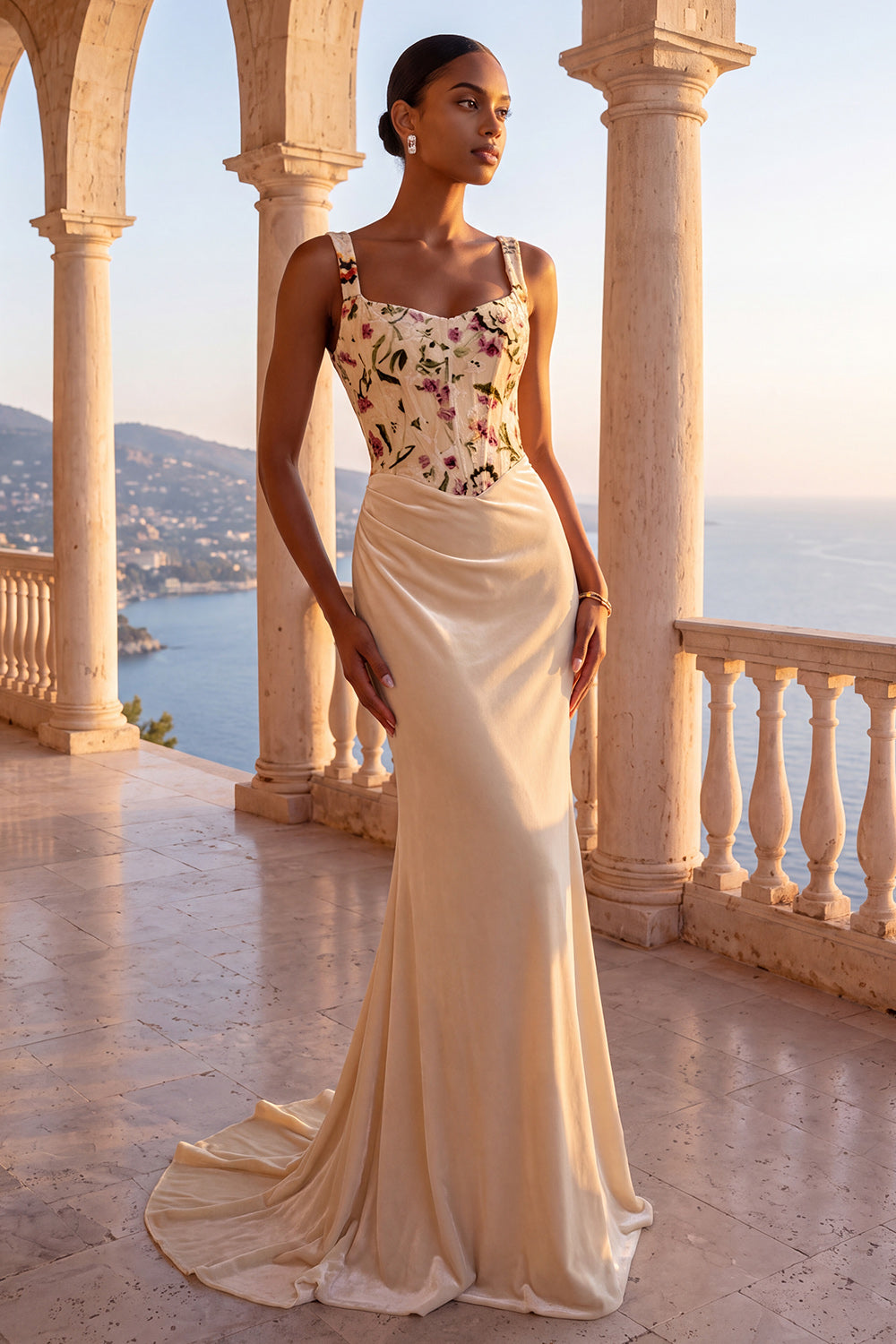 Floral Champagne Mermaid Ruched Corset Long Velvet Holiday Dress
