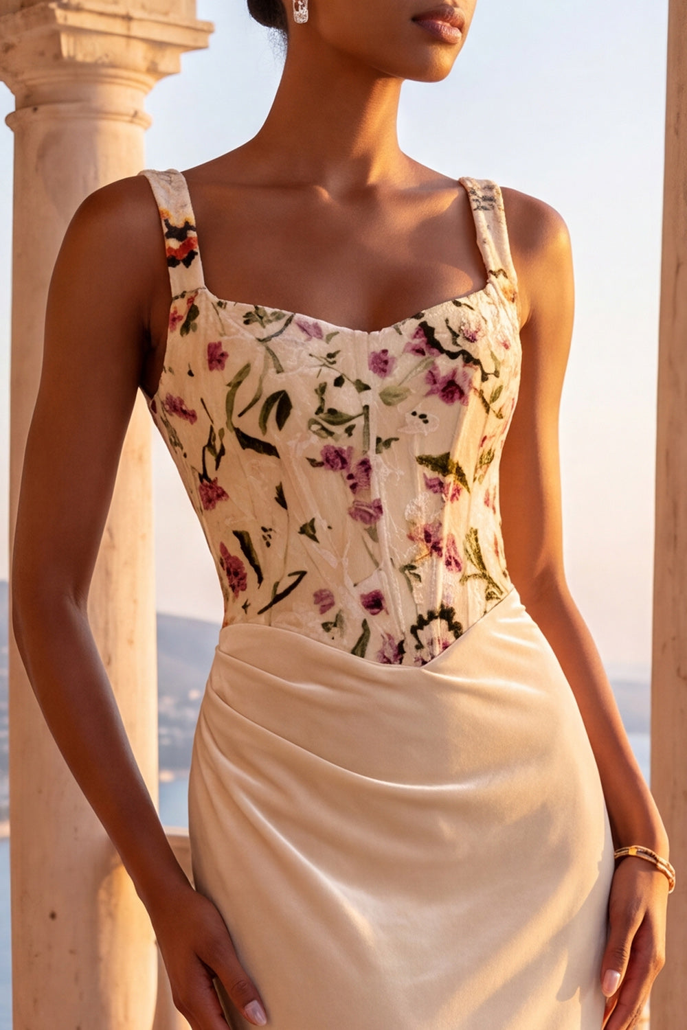 Floral Champagne Mermaid Ruched Corset Long Velvet Holiday Dress