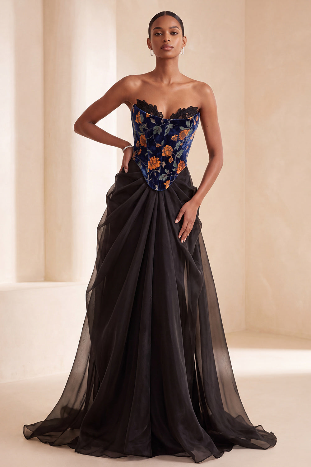 Black Corset Velvet Floral Strapless Long Formal Dress with Lace