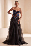 Black Corset Velvet Floral Strapless Long Formal Dress with Lace
