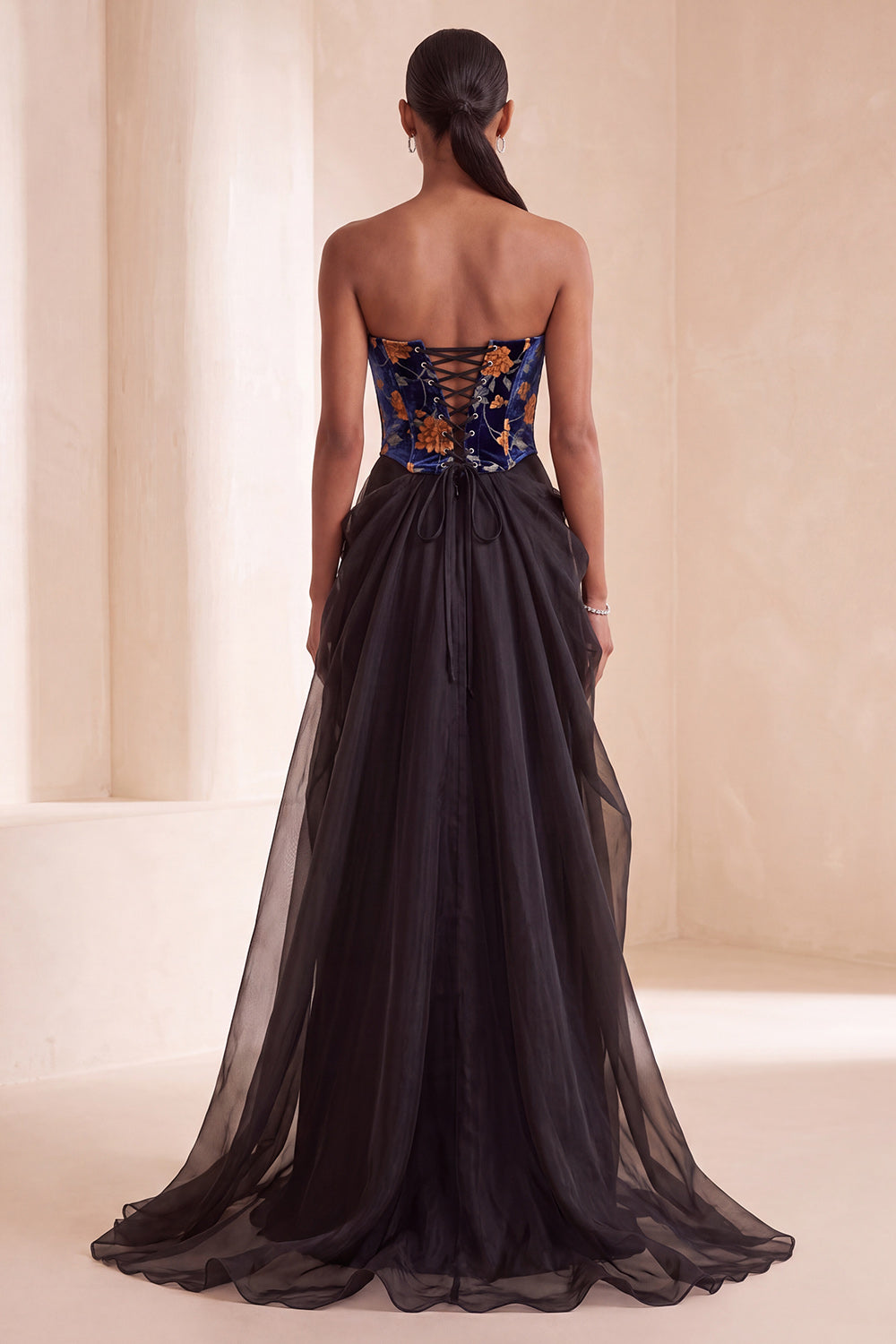 Black Corset Velvet Floral Strapless Long Formal Dress with Lace