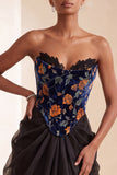 Black Corset Velvet Floral Strapless Long Formal Dress with Lace