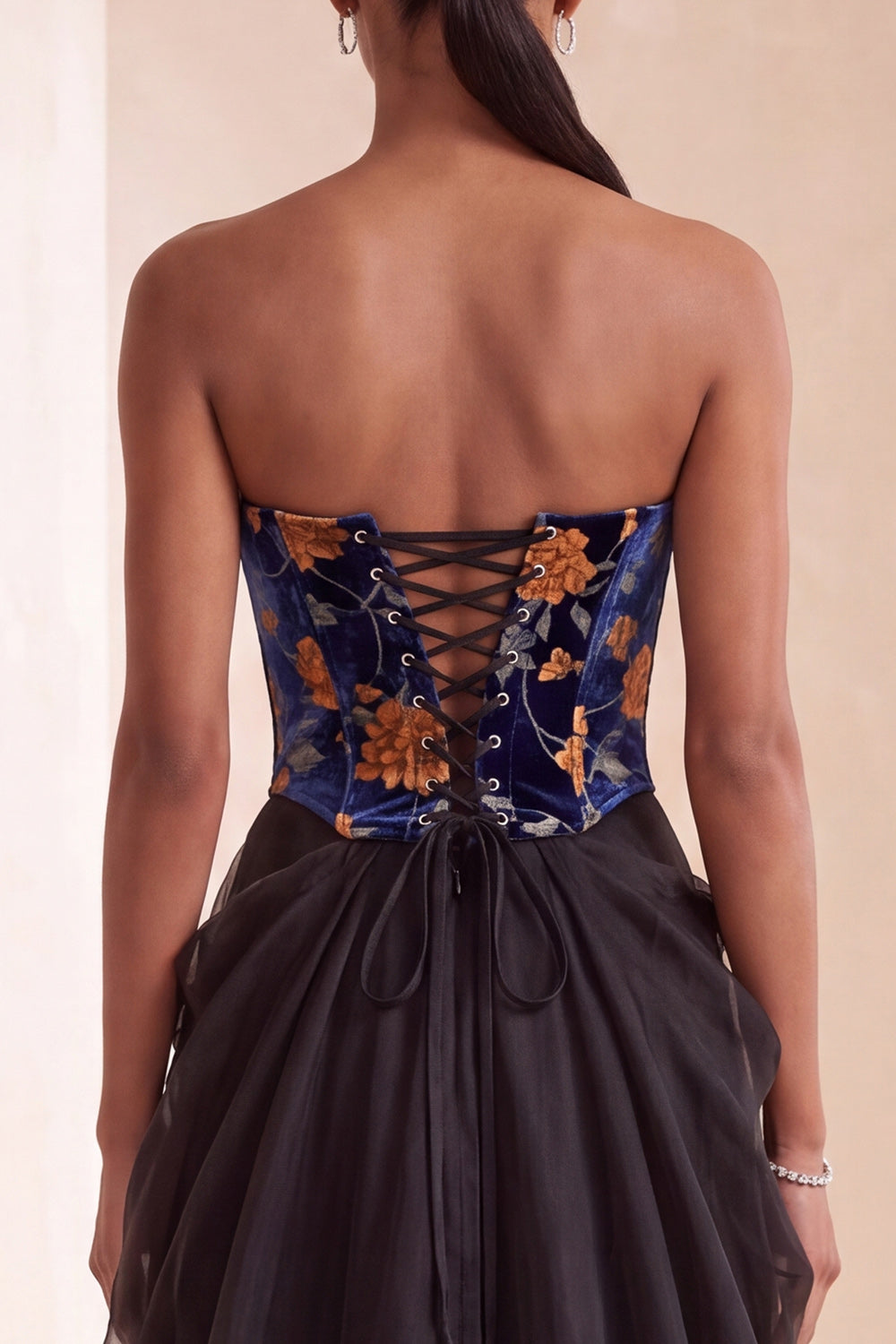 Black Corset Velvet Floral Strapless Long Formal Dress with Lace