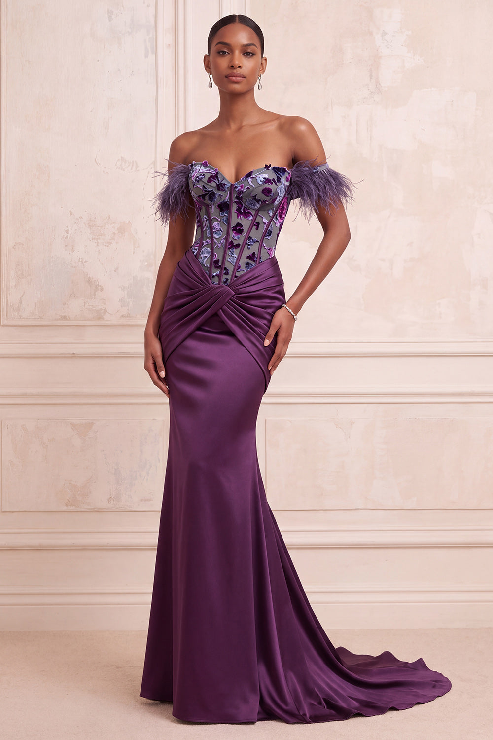 Purple Corset Floral Mermaid Ruched Satin Long Prom Dress with Feathers