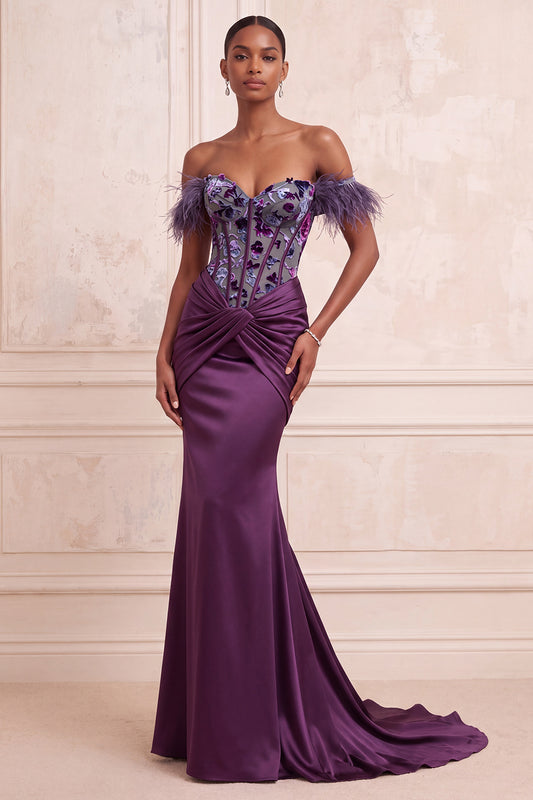 Purple Corset Floral Mermaid Ruched Satin Long Evening Dress with Feathers