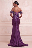 Purple Corset Floral Mermaid Ruched Satin Long Prom Dress with Feathers
