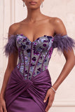 Purple Corset Floral Mermaid Ruched Satin Long Prom Dress with Feathers