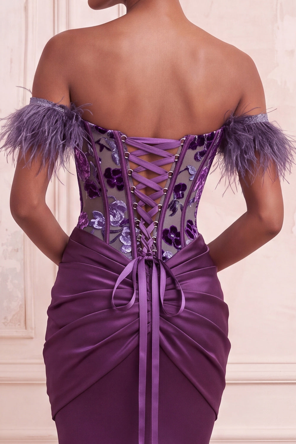 Purple Corset Floral Mermaid Ruched Satin Long Prom Dress with Feathers