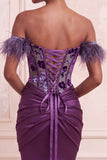 Purple Corset Floral Mermaid Ruched Satin Long Prom Dress with Feathers