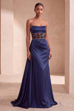 Navy Satin Corset Floral Satin Ruched Long Prom Dress with Embroidery