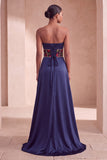 Navy Satin Corset Floral Satin Ruched Long Prom Dress with Embroidery