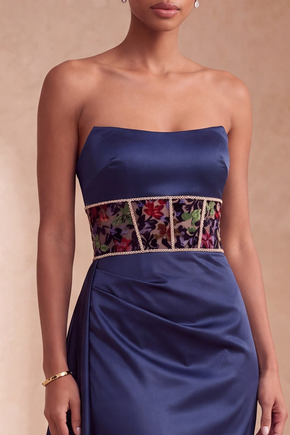 Navy Satin Corset Floral Satin Ruched Long Prom Dress with Embroidery
