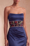 Navy Satin Corset Floral Satin Ruched Long Prom Dress with Embroidery