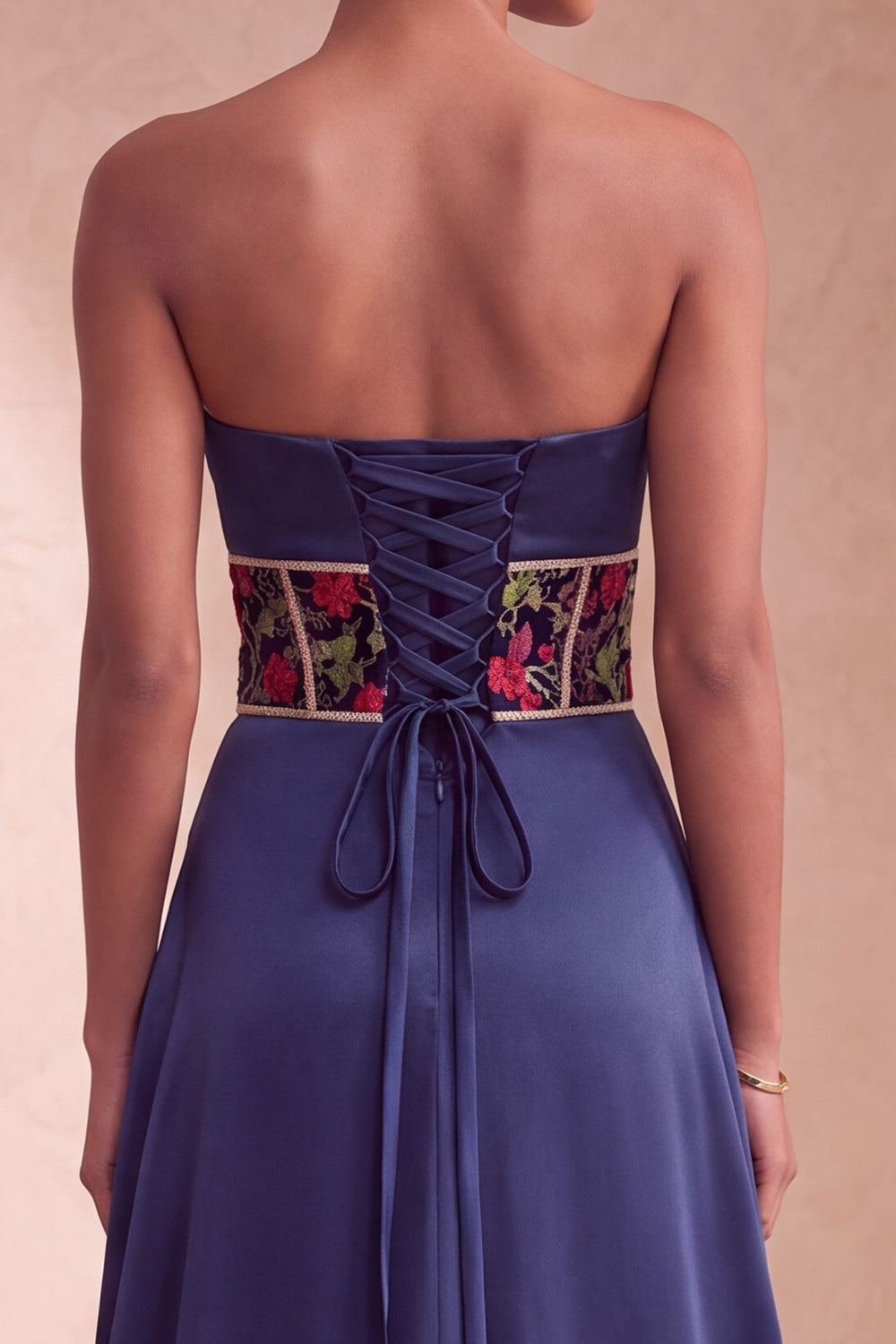 Navy Satin Corset Floral Satin Ruched Long Prom Dress with Embroidery