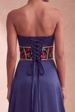 Navy Satin Corset Floral Satin Ruched Long Prom Dress with Embroidery
