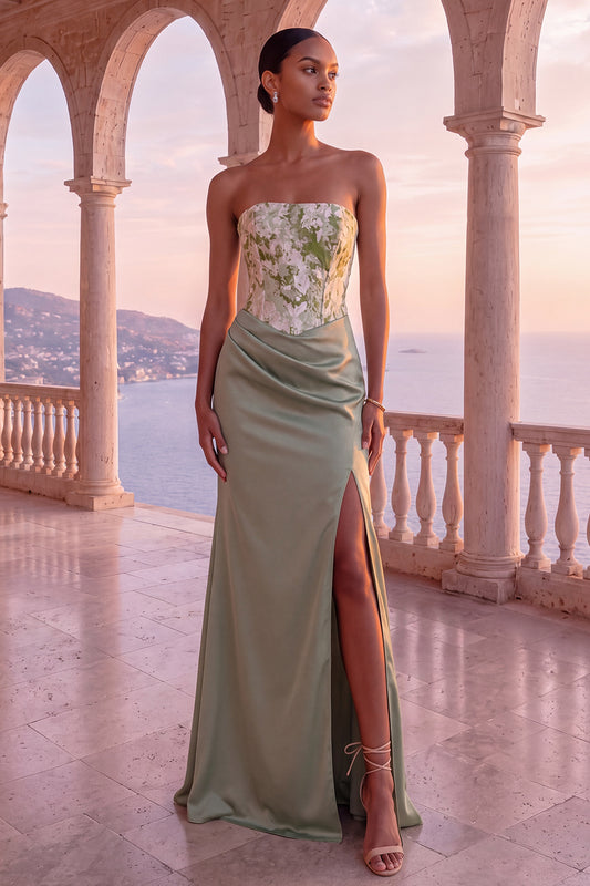 Sage Green Corset Floral Satin Ruched Strapless Long Formal Dress with Slit