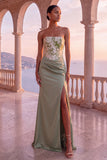 Sage Green Corset Floral Satin Ruched Strapless Long Formal Dress with Slit