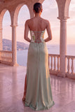 Sage Green Corset Floral Satin Ruched Strapless Long Formal Dress with Slit