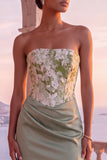 Sage Green Corset Floral Satin Ruched Strapless Long Formal Dress with Slit