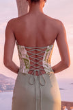 Sage Green Corset Floral Satin Ruched Strapless Long Formal Dress with Slit