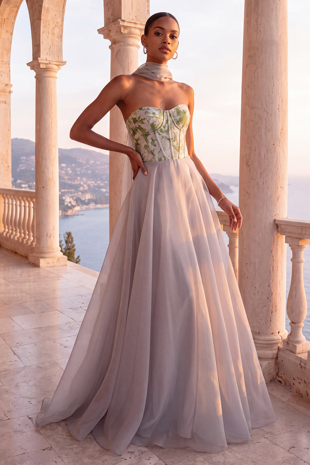 Light Grey Corset Organza Floral A-Line Long Formal Dress with Neck Scarf