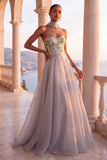 Light Grey Corset Organza Floral A-Line Long Formal Dress with Neck Scarf