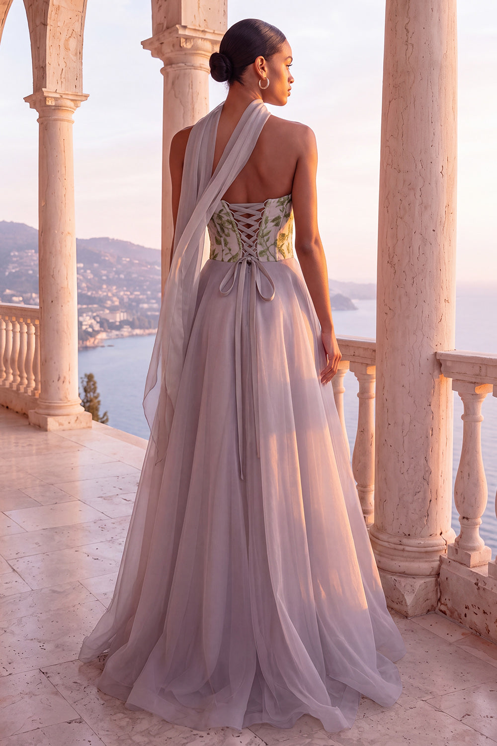 Light Grey Corset Organza Floral A-Line Long Formal Dress with Neck Scarf