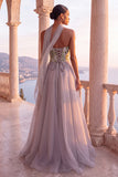Light Grey Corset Organza Floral A-Line Long Formal Dress with Neck Scarf