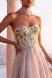Light Grey Corset Organza Floral A-Line Long Formal Dress with Neck Scarf