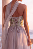 Light Grey Corset Organza Floral A-Line Long Formal Dress with Neck Scarf