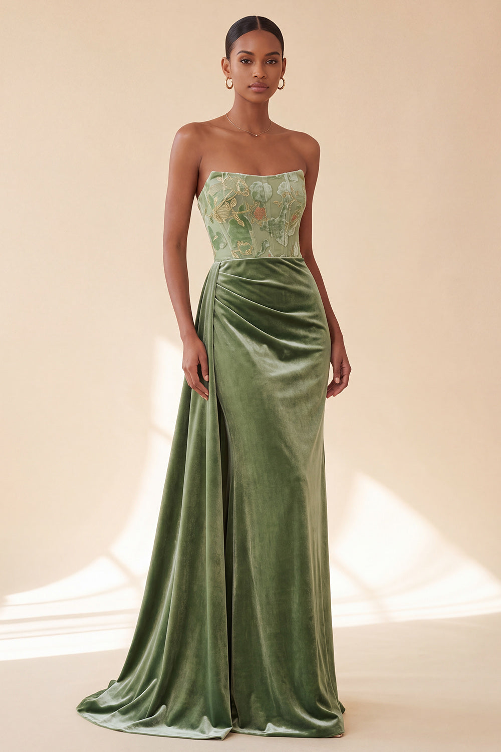 Green Corset Floral Strapless Ruched Long Velvet Holiday Dress with Side Cape