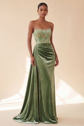 Green Corset Floral Strapless Ruched Long Velvet Holiday Dress with Side Cape
