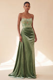 Green Corset Floral Strapless Ruched Long Velvet Holiday Dress with Side Cape