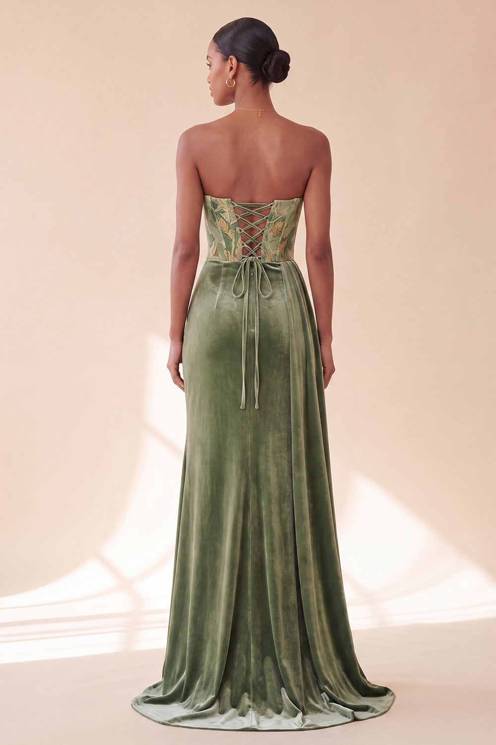 Green Corset Floral Strapless Ruched Long Velvet Holiday Dress with Side Cape