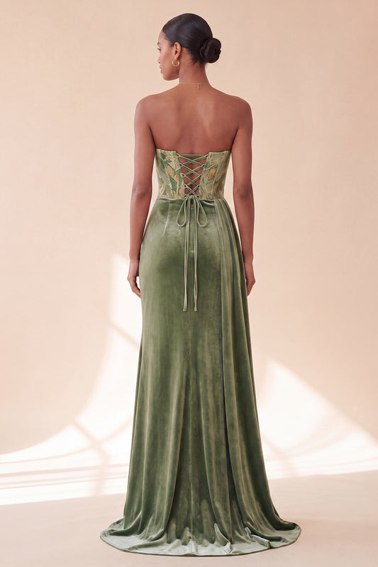 Green Corset Floral Strapless Ruched Long Velvet Holiday Dress with Side Cape